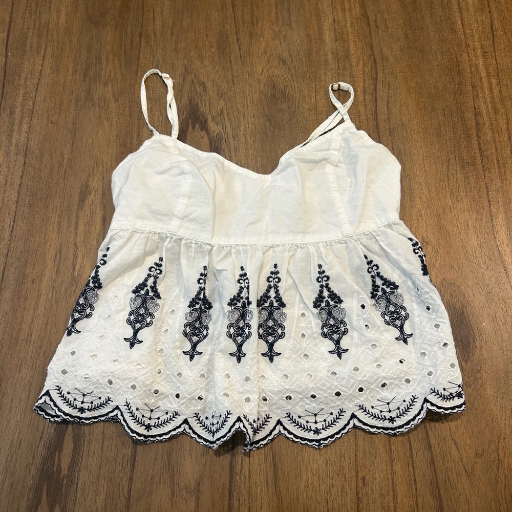 Abercrombie Embroidered White and Black Women's Tank Top Cotton Eyelet